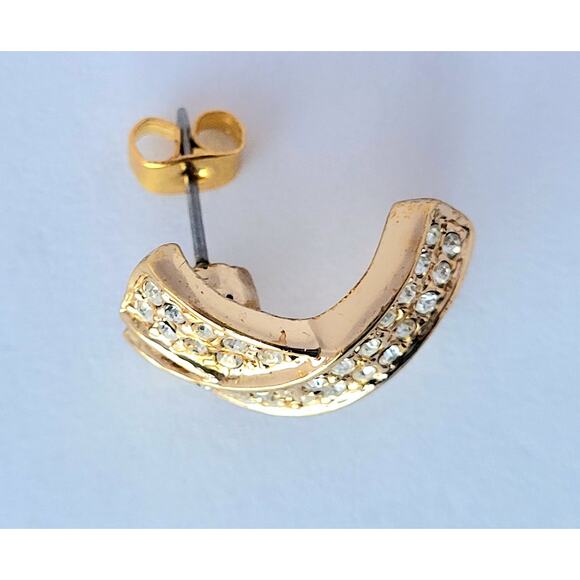 Roman Crossover X Faux Diamond Earrings Signed Vintage Gold Tone Pierced - Picture 3 of 7